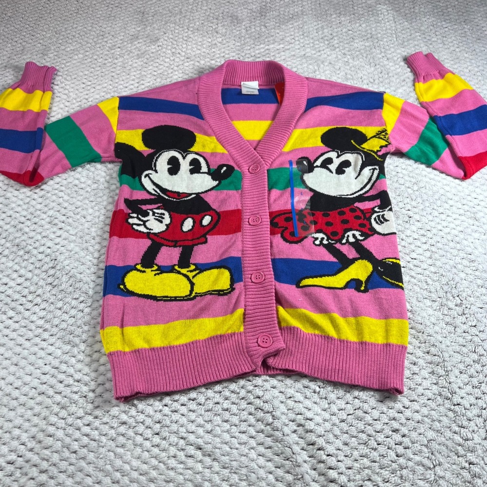 Disney Mickey Minnie Mouse Cardigan Sweater Pink Rainbow Stripe Size LARGE NWT - Picture 5 of 13